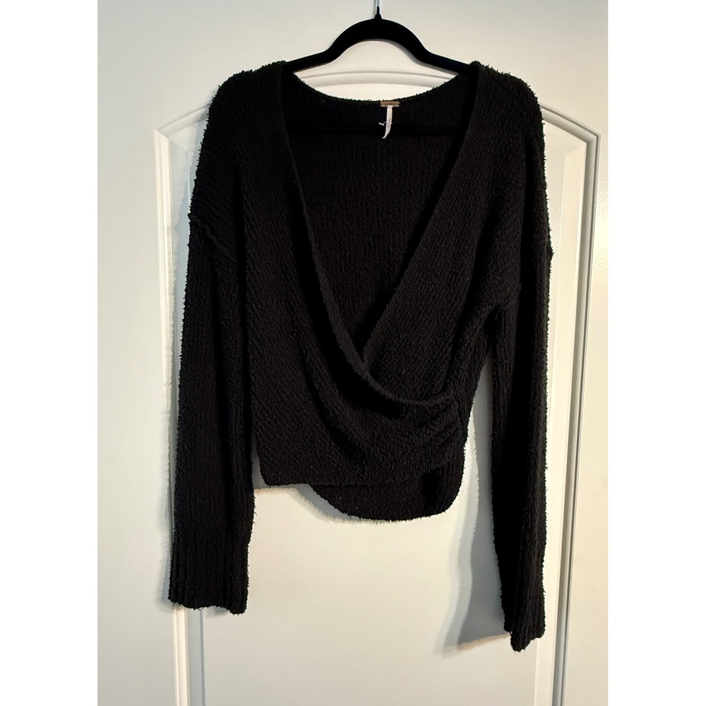 Free People Surplice Wrap Sweater Womens XS Black Indie Boho Fuzzy Boucle Knit